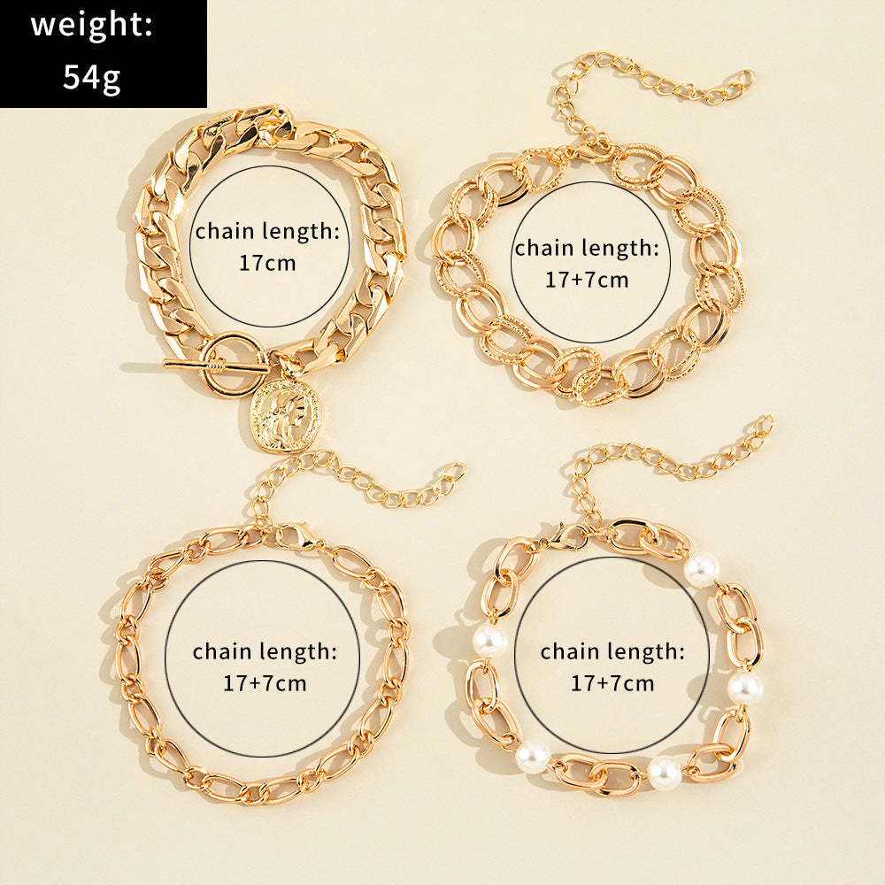 Womens Bracelets Set Four Piece Geometric Pearl Alloy Bracelet Elegant Fashionable Design for Everyday Wear X1