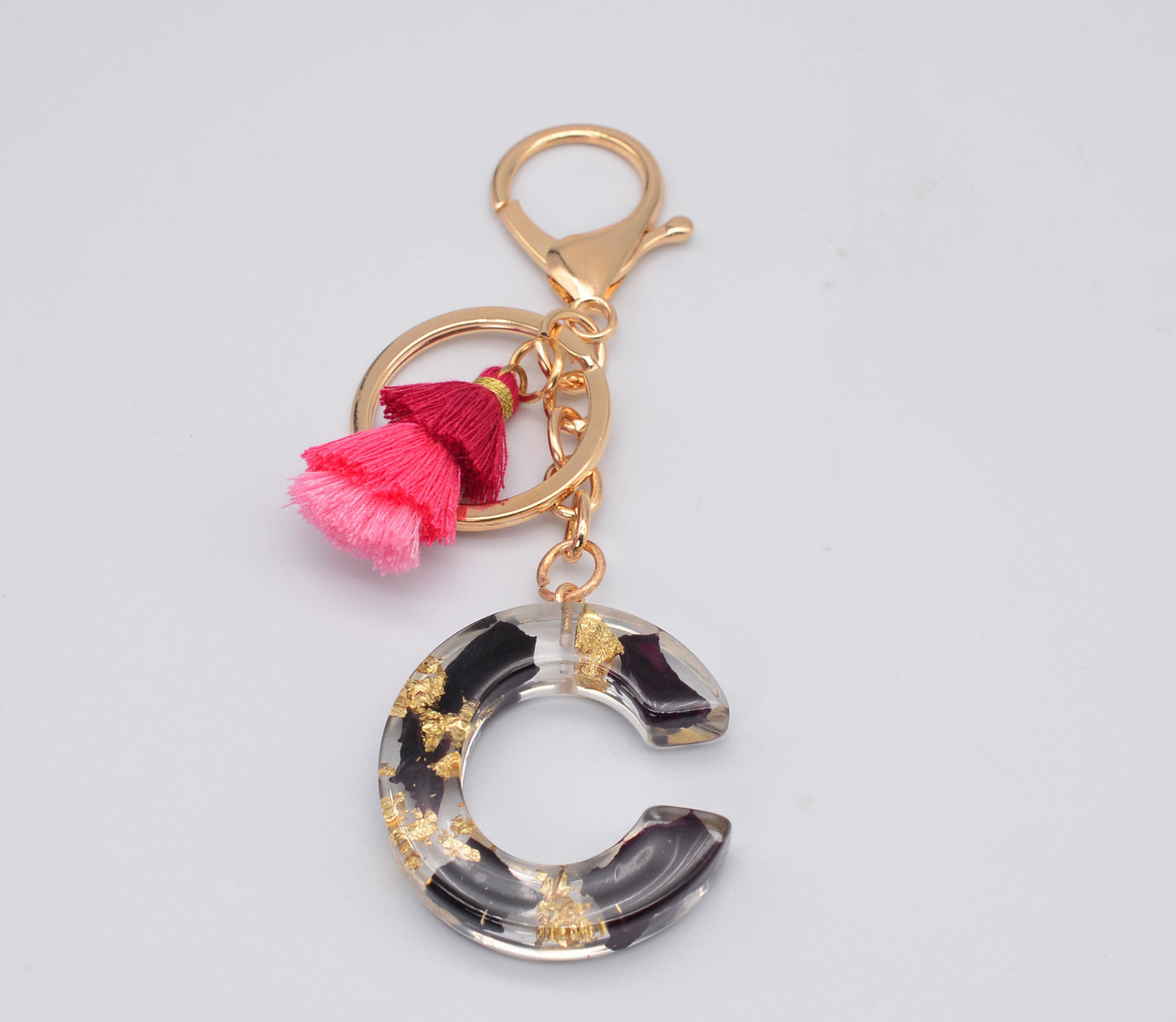 Resin Floral Keychain With Tassel Pendant Black Rose Design Durable Craftsmanship Initial Letter Bag Accessory