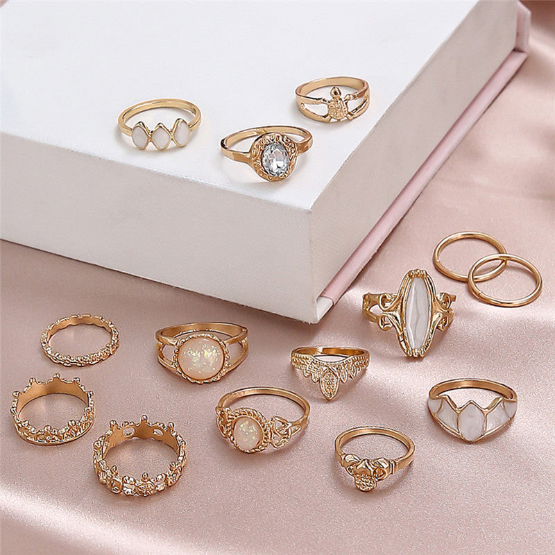 Womens Vintage Starry Sky Gemstone Ring Set Celestial Zodiac Animal Design European Elements 14 Piece Collection