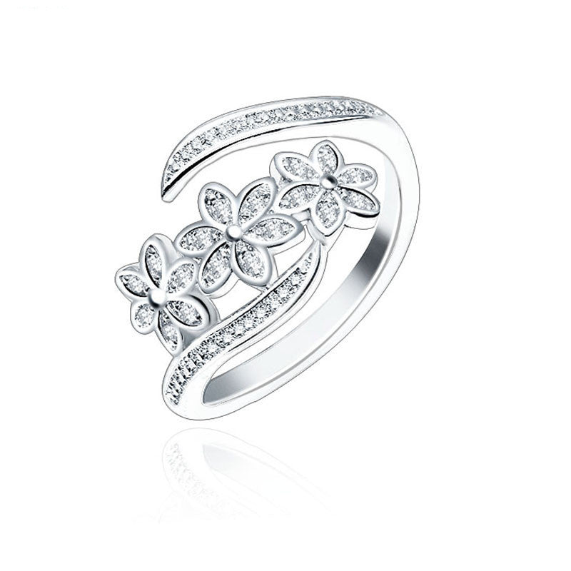 Floral Silver Ring Set With Zircon Diamonds Tricolor Electroplated Copper Ring Jewelry For Women And Girls Chic