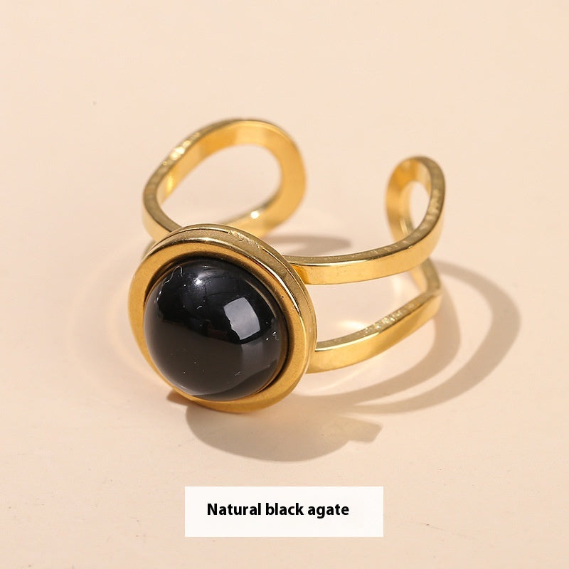 Gold Tone Stone Ring Open Adjustable Titanium Steel Jewelry