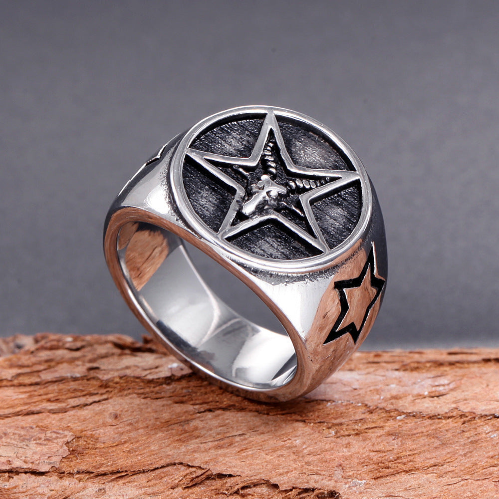 Mens Stainless Steel Ring Five Point Star Geometric Handmade Gold Plated Band For Men Size 7 7 8 9 10 11 12 13