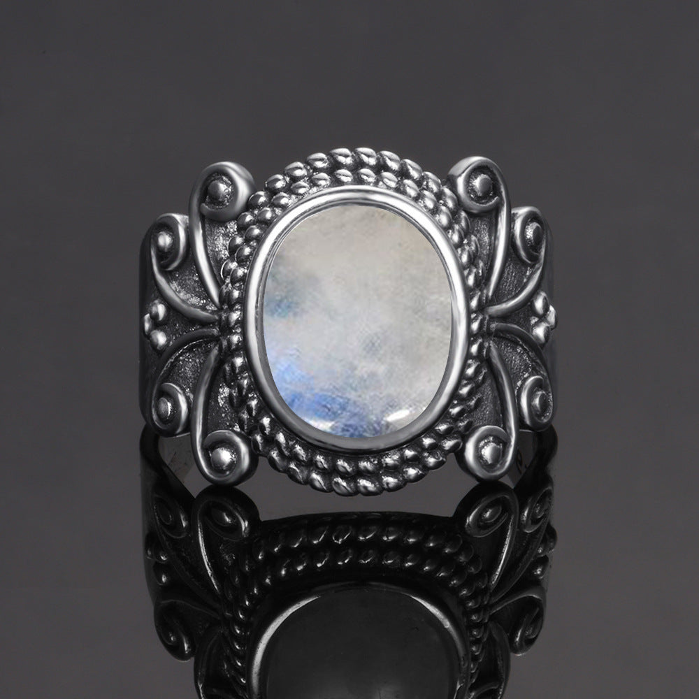 Moonstone Ring Vintage Wide Face Court Style Patterned Copper Electroplated Elegant Statement Jewelry Pure Glow