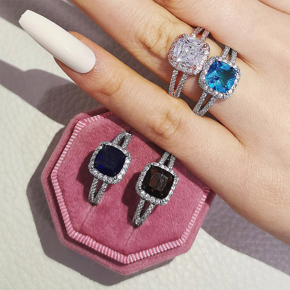 Square Geometry Ring With Colorful Zircon Crystals For Women Copper Band Fashion Jewelry Elegant Sparkling Accessory