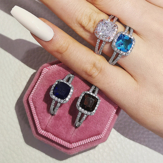 Square Geometry Ring With Colorful Zircon Crystals For Women Copper Band Fashion Jewelry Elegant Sparkling Accessory