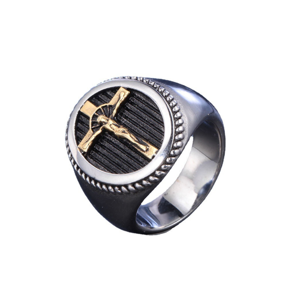 Mens Jesus Cross Ring Gold Plated Alloy Religious Jewelry Durable Fashion Accessory For Daily Wear On Occasion