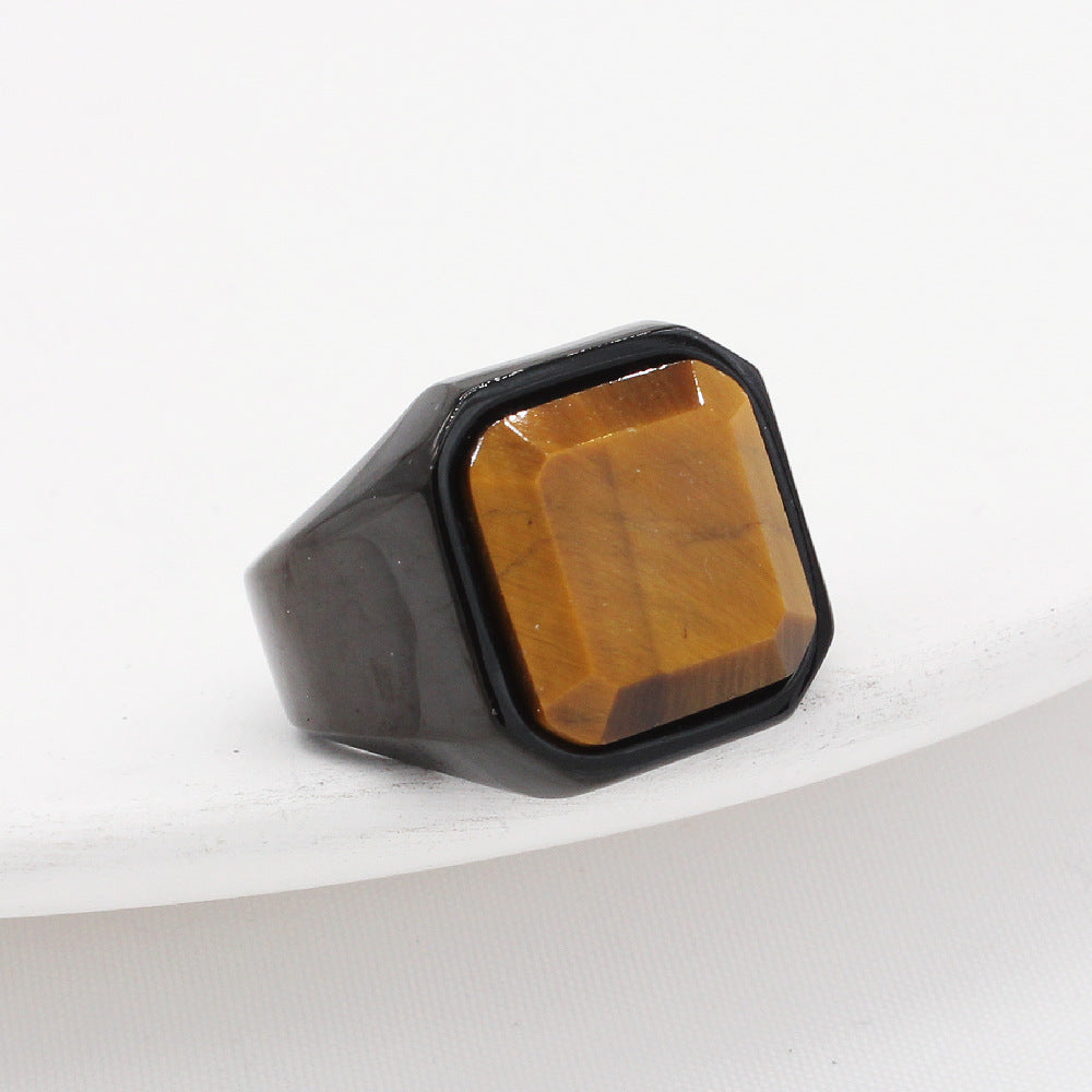 Durable Titanium Steel Ring With Square Tiger Eye Gemstones For Fashion Accessory And Daily Wear Mens Everyday