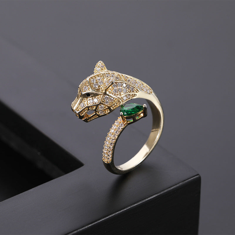 Leopard Head Ring Micro Set Gold Plated Adjustable Opening Copper Jewelry For Women Elegant Dainty Unique Gift