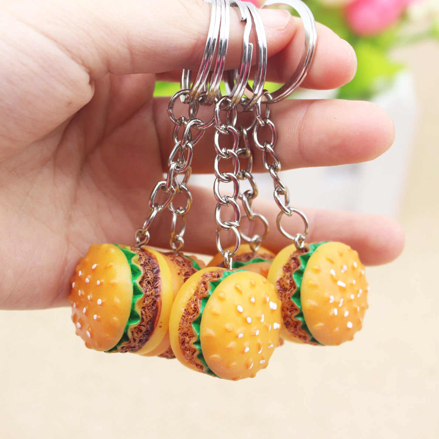 Hamburger Keychain Cute Resin Charm Alloy Keyring Fun Food Gift For Friends Family Events Unisex Pendant Decor