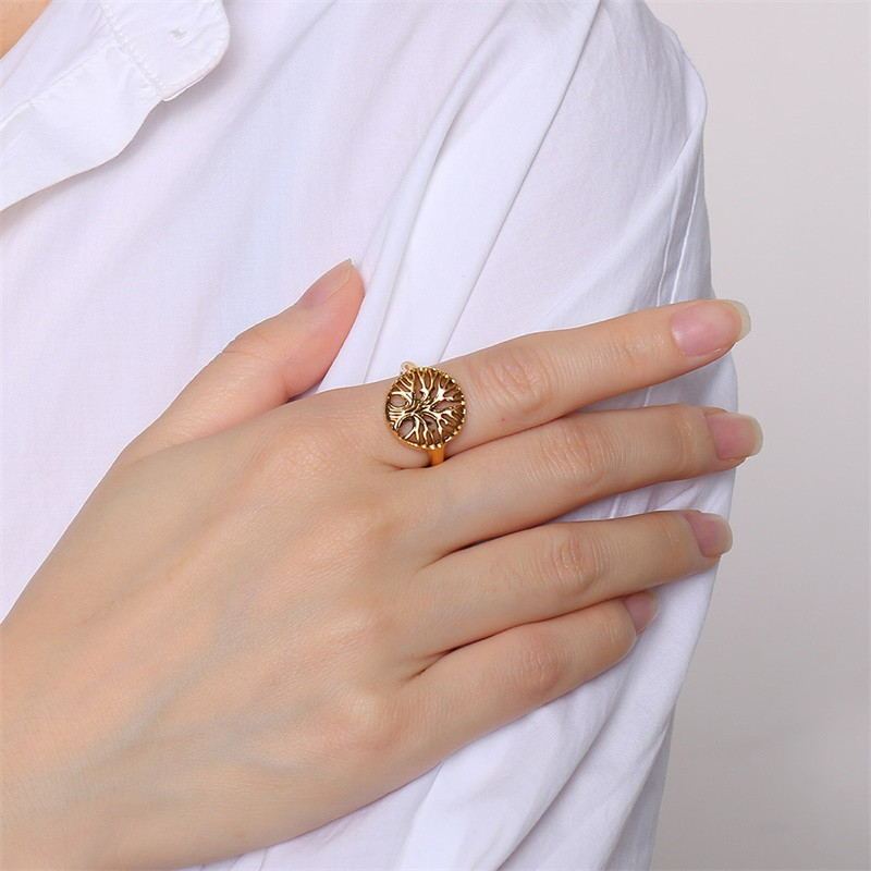 Womens Stainless Steel Tree Of Life Ring Engravable Golden For Anniversary Engagement Gift Jewelry Size 6 7 8 US