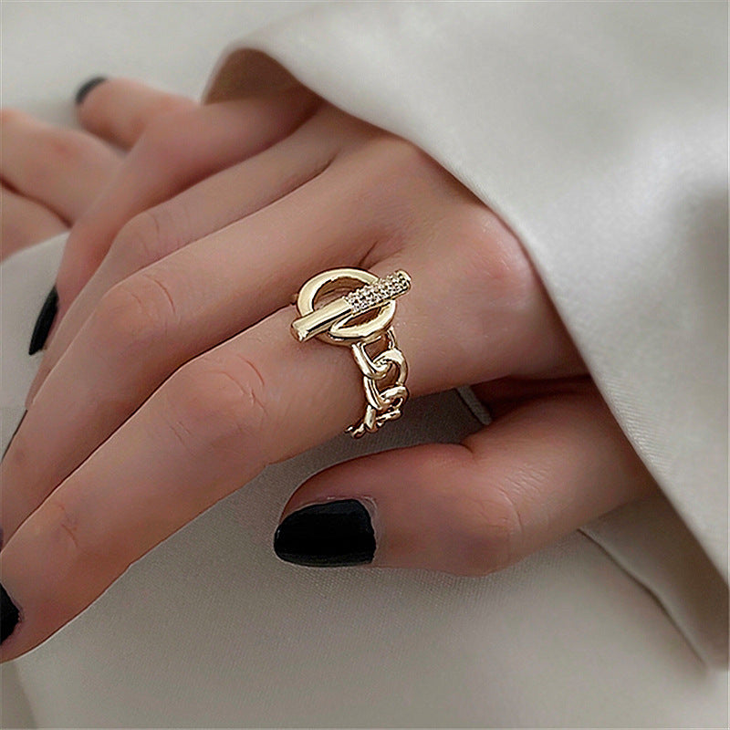 Women Adjustable Zircon Inlaid Ring Gold Plated Copper Geometric Statement Fashion Jewelry Accessory Elegant Everyday