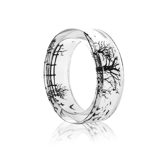 Tree Resin Black And White LandscapeArt Gemstone Epoxy Ring Unisex Simple Style Sizes 17mm 18mm 19mm 20mm 21mm