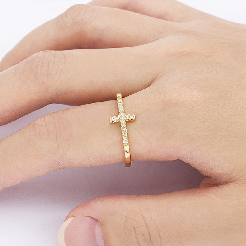 Mens And Womens Diamond Inlaid Zircon Cross Ring Copper Electroplated Adjustable Opening Jewelry Gift For Every Style