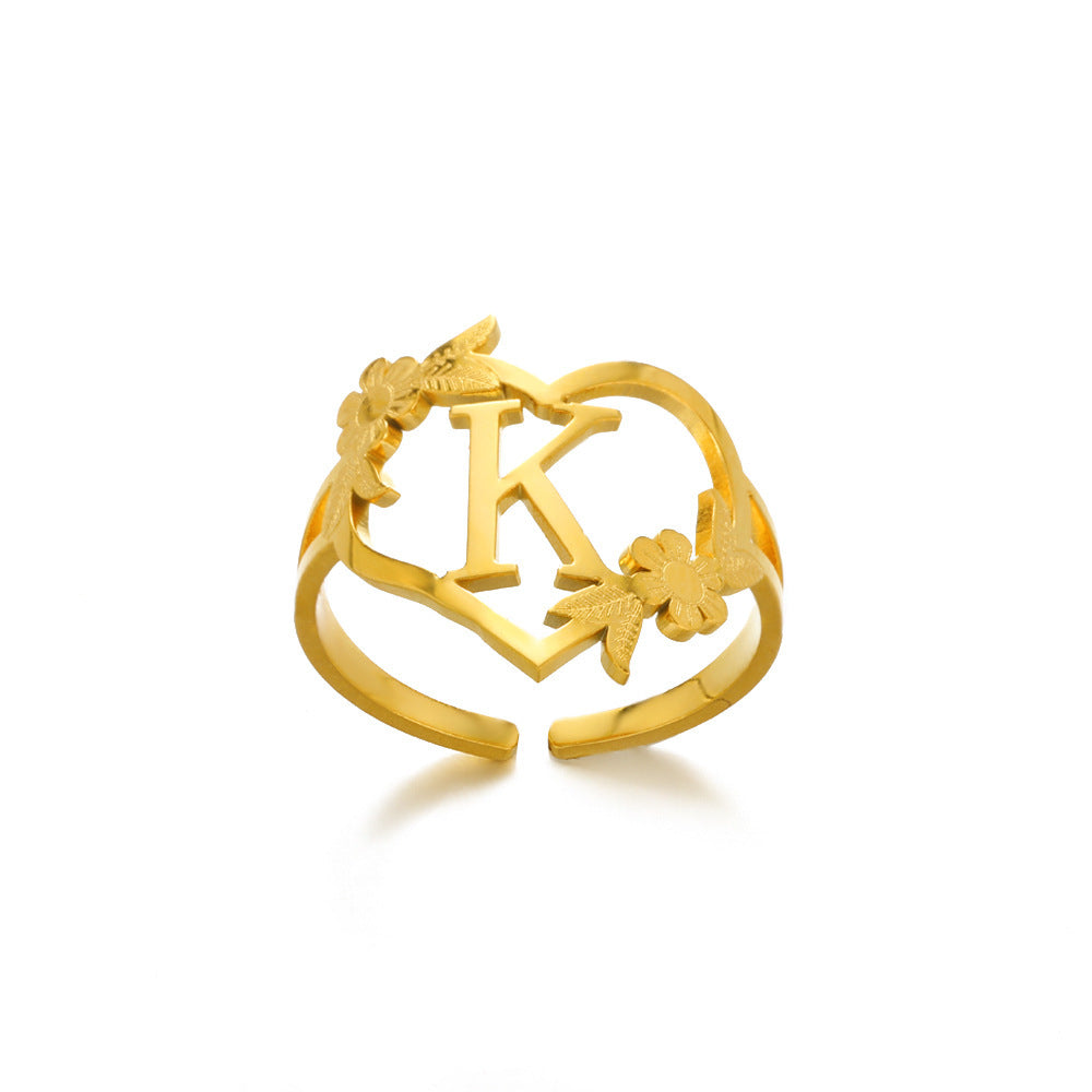 Heart Shaped Initial Rings Women Adjustable Stainless Steel Letters Ring Unisex European Design Letters Numbers