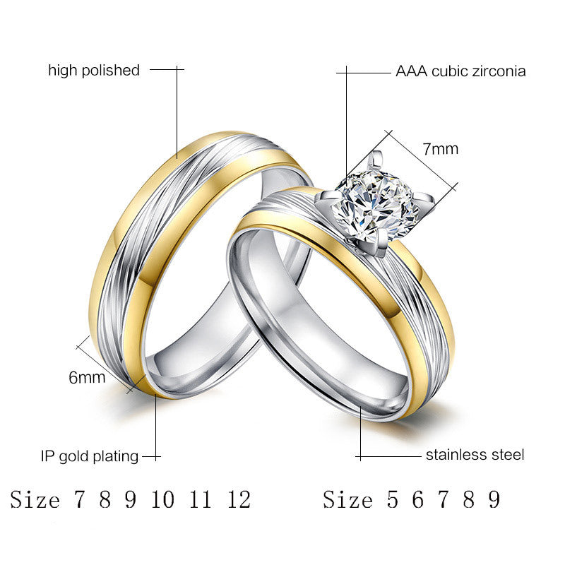 Womens Mens Couple Rings Round Cubic Zirconia 6mm Prong Setting Stainless Steel Engagement Wedding Band Fashion