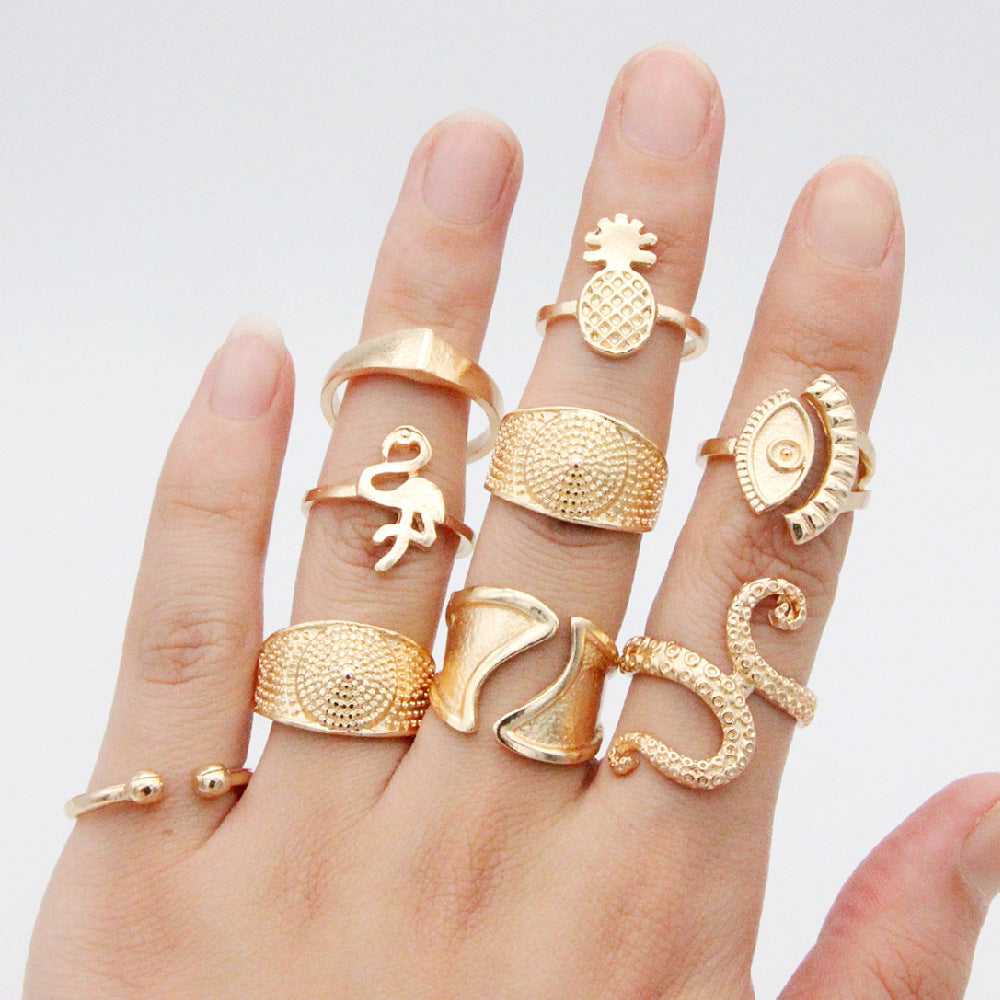 Womens Bohemian Ring Set Ethnic Geometry Alloy Rings Electroplated Pineapple Motif 9 Piece Gift For Trade Gift