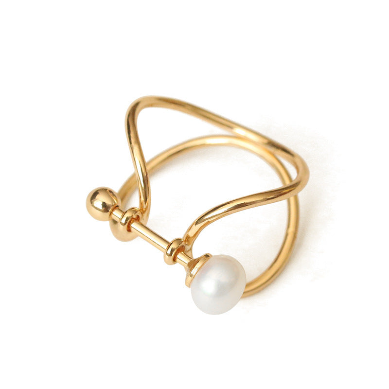 Niche Line Design Geometric Pearl Ring Brass With Real Gold Plating Adjustable Open Ring 1.5cm Wide Natural Pearl