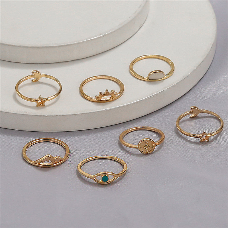 Womens Wave Ring Set 7 Pieces Alloy Electroplated Rings European and American Beach Jewelry Ring Set For Women