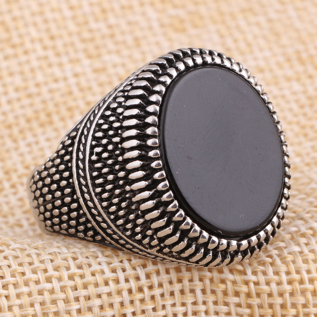 Mens Vintage Geometric Ring Alloy Electroplated With Black Artificial Gemstones European American Design Style Trend