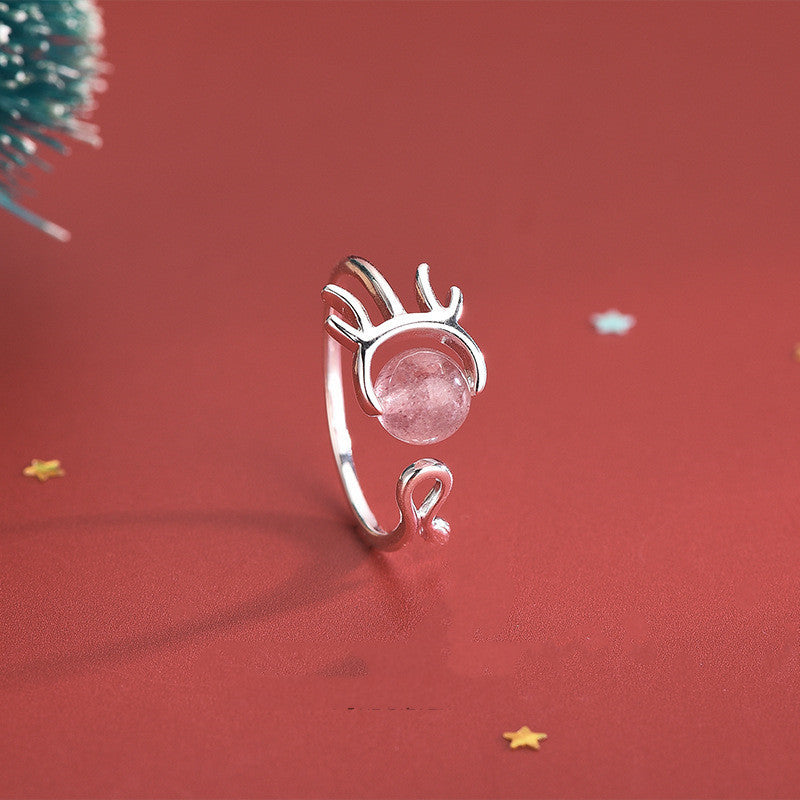 Sterling Silver Ring Korean Strawberry Crystal Antler Design Adjustable Open Ring For Women And Girls Gift Set