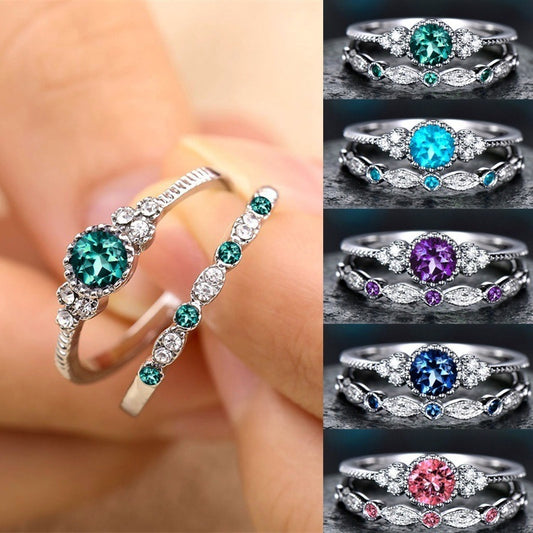 Womens Fashion Rings Set 2pcs Alloy Geometric Rings Rhinestone Inlaid Artificial Gemstone European Design for 2