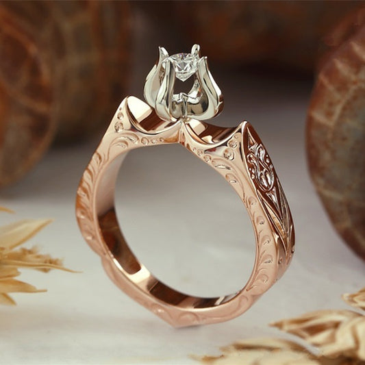 New Creative Lotus Color Simulation Diamond Ring European American Lotus Flower Flame Engagement Copper Style Geometry