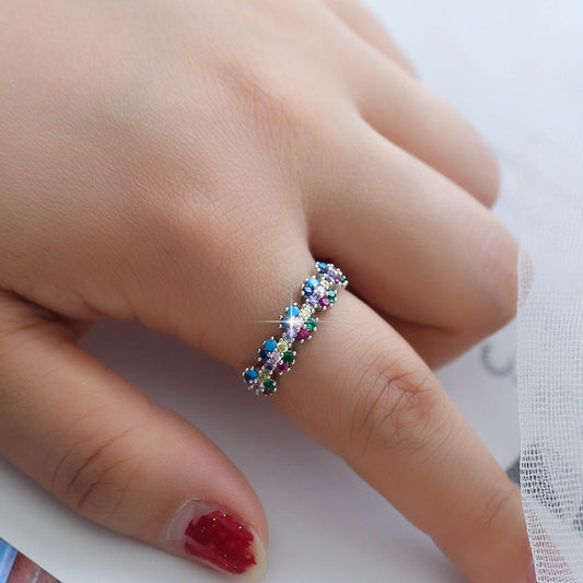 Colorful Zircon Flower Ring Gold Plated Copper Korean Style Elegant Gift For Women Jewelry Fashion Accessories