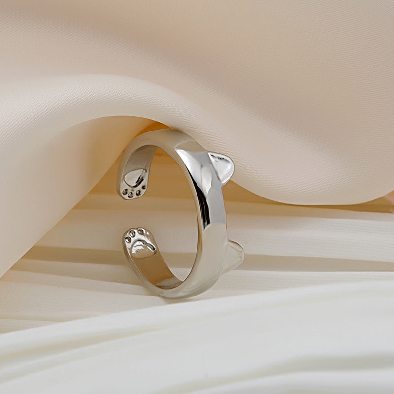 Womens Alloy Ring With Playful Cat Ear Design Geometric Korean Style Adjustable Opening Ring Gold Silver Shine