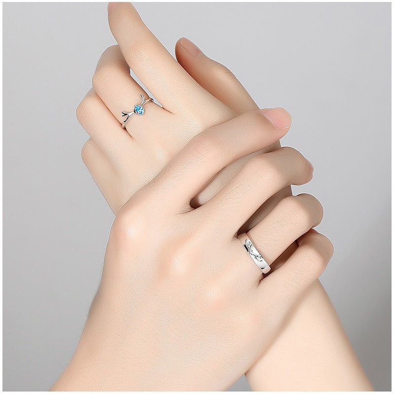 Sterling Silver Couple Ring Set Deer Design Adjustable Opening Matching Bands For Him And Her Promise Jewelry Gift
