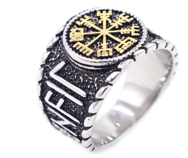 Asgard Crafted Handcrafted Stainless Steel Icelandic Stave And Runes Ring
