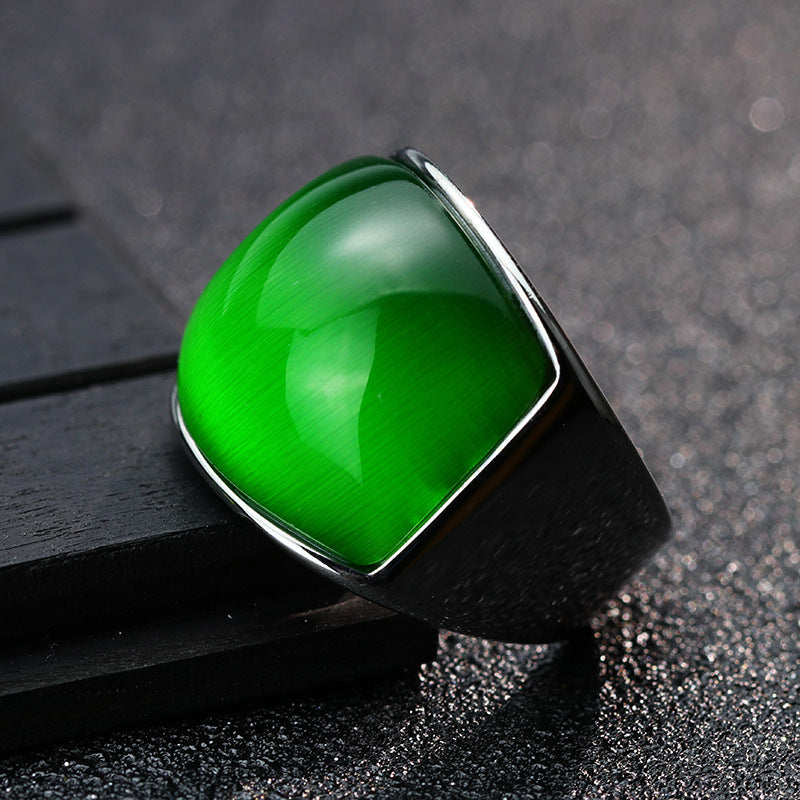 Stainless Steel Ring With Green Opal Stone Vintage Geometric Design Fashion Jewelry For Women Sleek Look Today