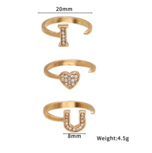 Unisex Gold Plated Letter Ring Geometric Design Alloy With Artificial Gems Electroplated Finish European Style European