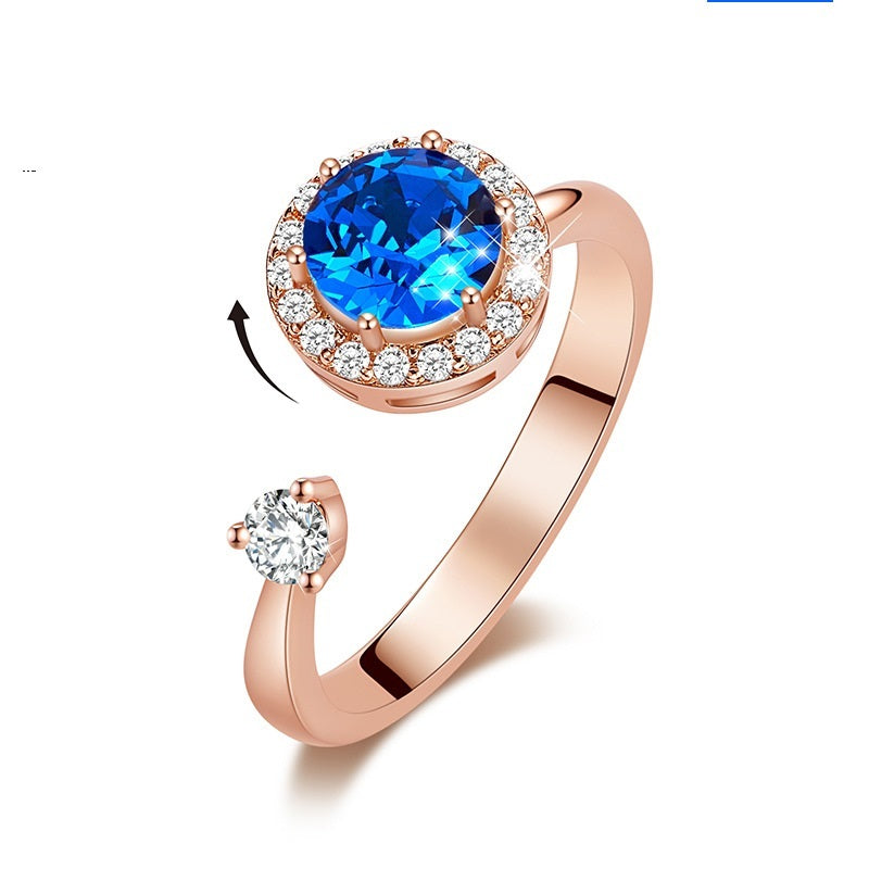 Ladies Rotating Crystal Inlay Ring With Copper Band Adjustable European American Style Jewelry Elegant Shimmer