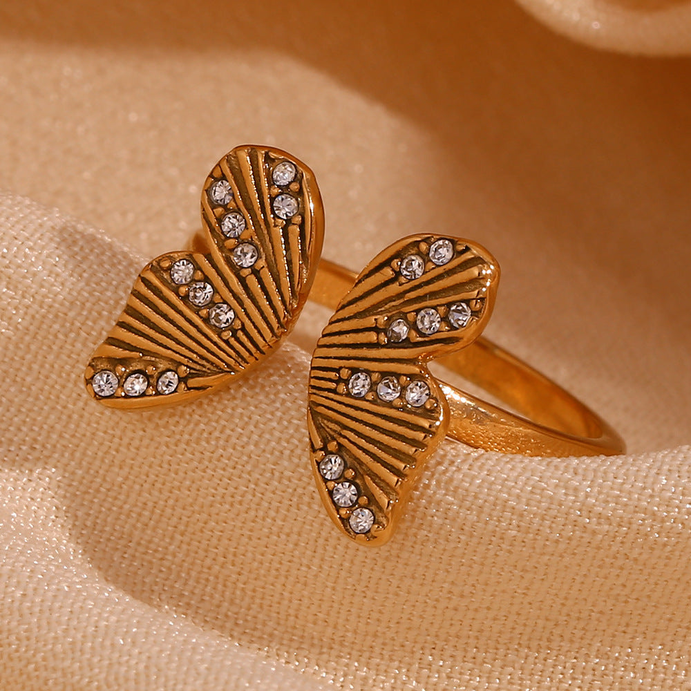 Women Stainless Steel Butterfly Ring Open Zircon Jewelry Geometry Zodiac Animal Design Ornament Everyday Style