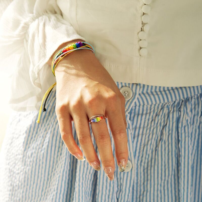 Adjustable Rainbow Micro Diamond Ring For Women Elegant Wear Sparkling Colorful Accessory Rose Gold Silver Finish