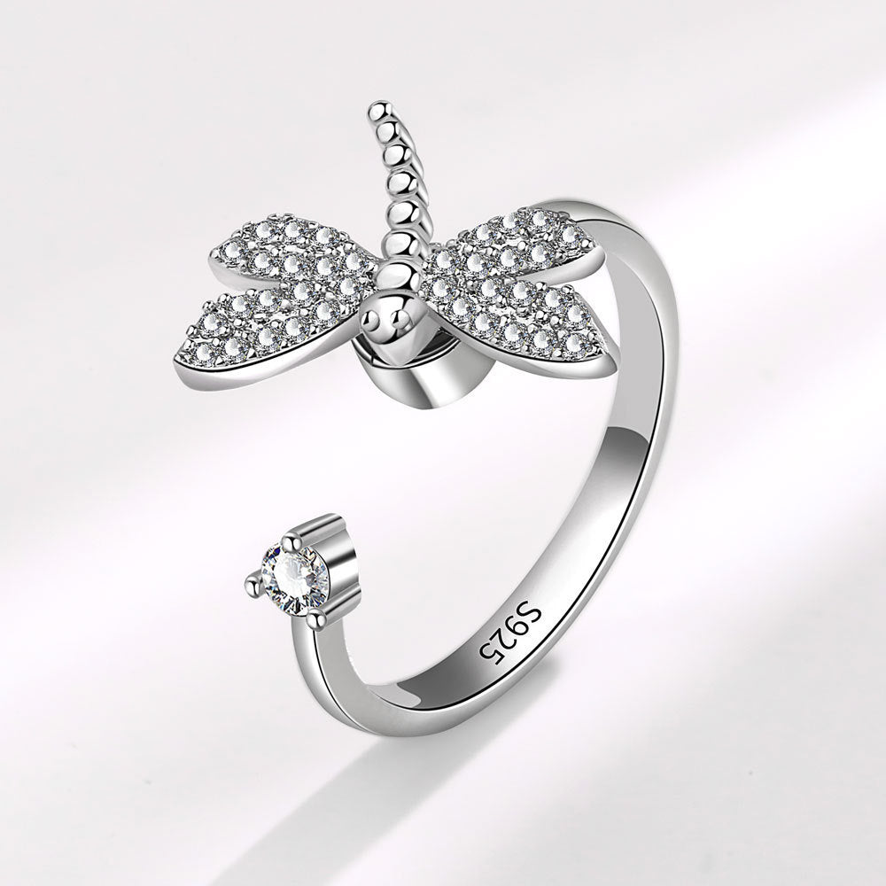 Rotating Dragonfly Zircon Ring White Gold Finish Adjustable