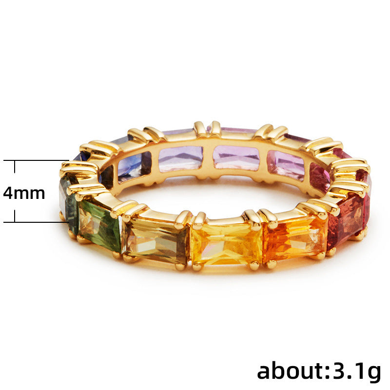 Women Rainbow Zircon Ring Gold Plated Copper Inlaid Gemstone Elegant Fashion Jewelry Gift For Sizes 6 7 8 9 10 Shiny