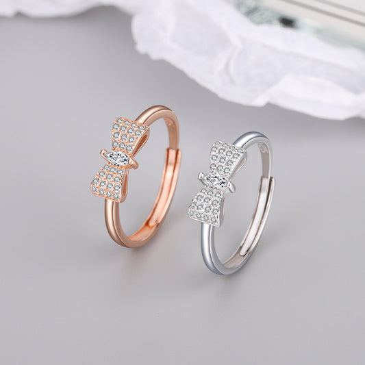 Adjustable Bowknot Zircon Ring 925 Silver Jewelry For Women And Girls Elegant Fashion Accessory Sparkle Detail