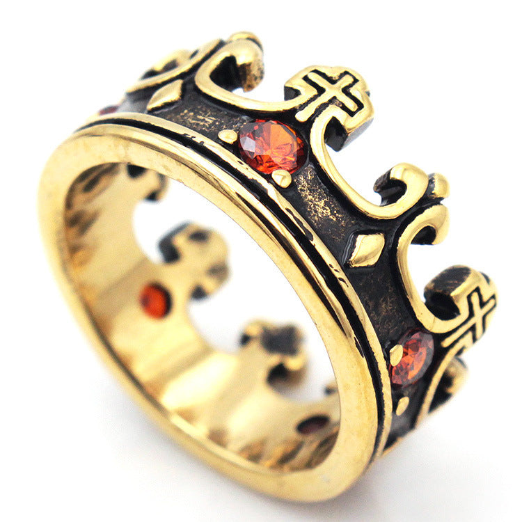 Mens Vintage Titanium Steel Ring 10mm Wide Band Crown Red Diamond Detail Durable Fashion Jewelry Gift Worth It