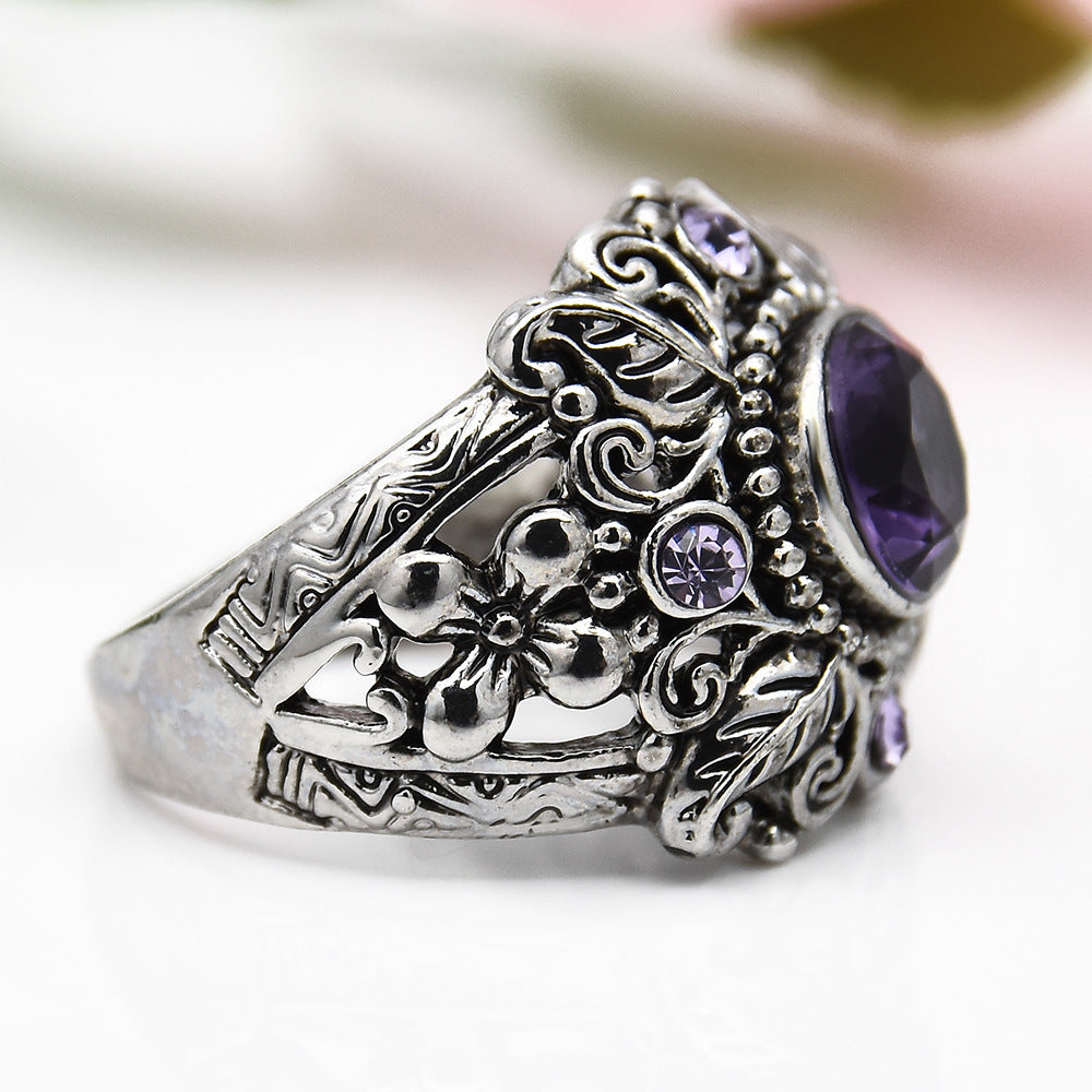 Amethyst Ring Silver Flower Design Retro Thai Style Carved Metal Jewelry For Women And Girls Everyday Wear Gift