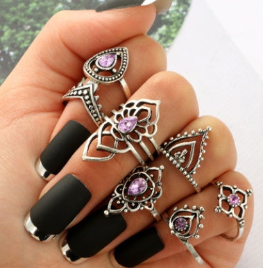 Womens Retro Purple Crystal Ring Set 7 Piece Hollow Flower Diamond Alloy Rings Fashion Jewelry Elegant Sparkle