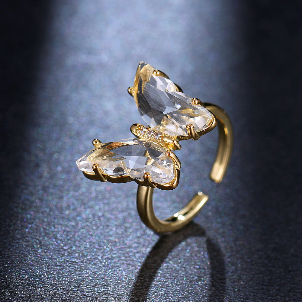 Crystal Butterfly Ring With Zircon Copper Gold Plated Finish For Women Wedding Gift Exquisite Jewelry For Sale