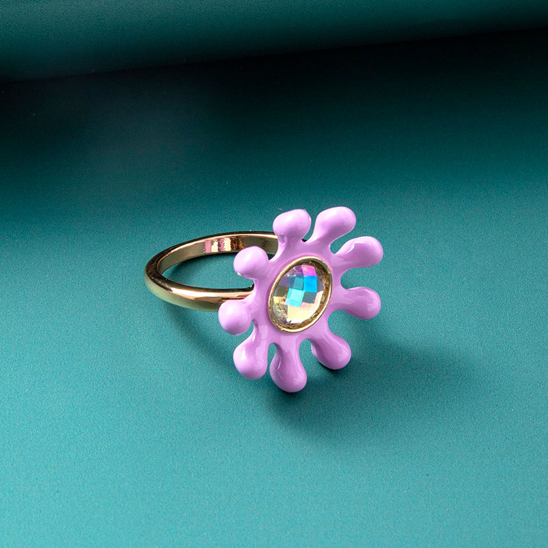 Zircon Purple Flower Ring Gold Tone Cocktail Jewelry Bohemian Vintage Fashion For Women Girls Dainty Accessory