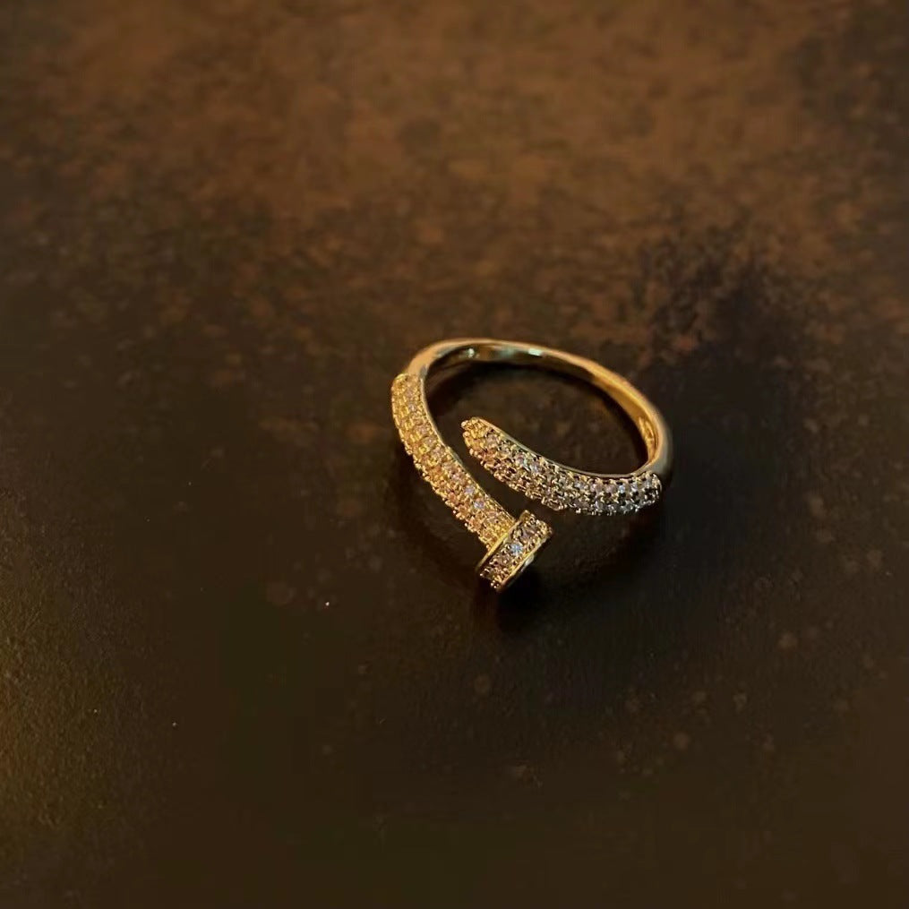 Womens Adjustable Copper Ring With Inlaid Zircon Stones Gold Finish Jewelry Design For