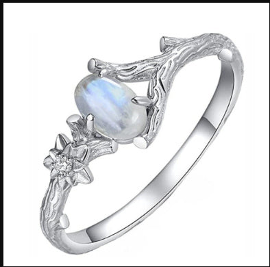 Moonlit Stone Ring Gold Plated Alloy Ring With Artificial Gemstones Vintage Silver Ancient Tree Design Fashion