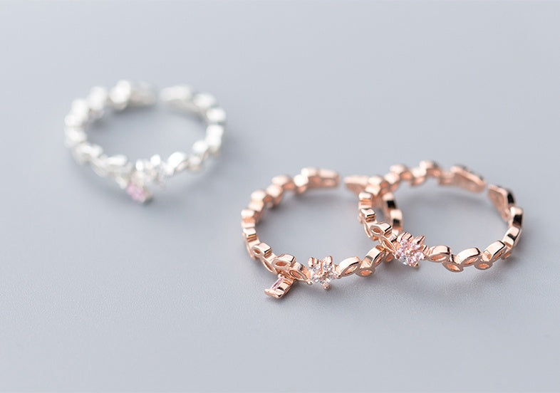 Womens 925 Silver Leaf Ring Adjustable Opening Design With White And Pink Diamond Accents In Rose Gold Jewelry