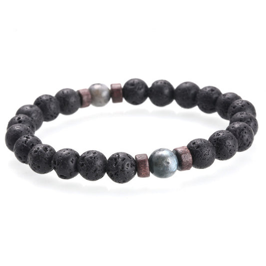 Unisex Volcanic Stone Beaded Bracelet With Alloy Inlay Gemstone Accent Fashion Jewelry Gift For Men MatteBlack