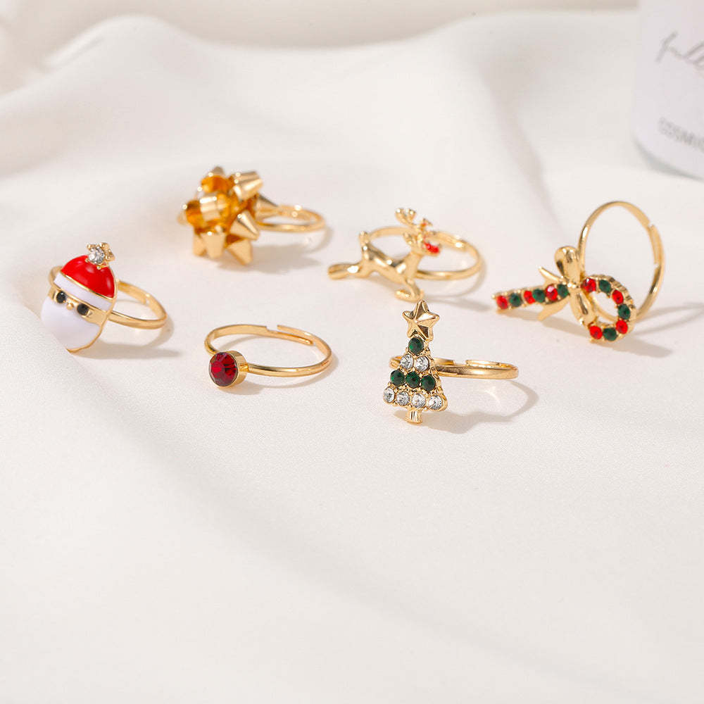Christmas Rings Set Cartoons Elk Tree Festive Holiday Jewelry Electroplated Alloy European American Six Pieces