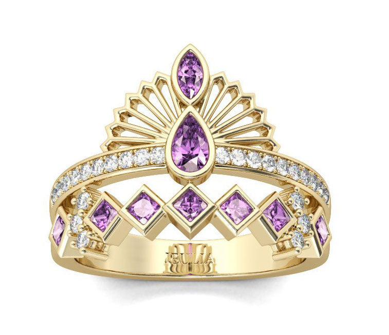 Gold Plated Purple Diamond Crown Ring For Women Inlaid Alloy Engagement Wedding Jewelry Sparkling Crown Ring For Her
