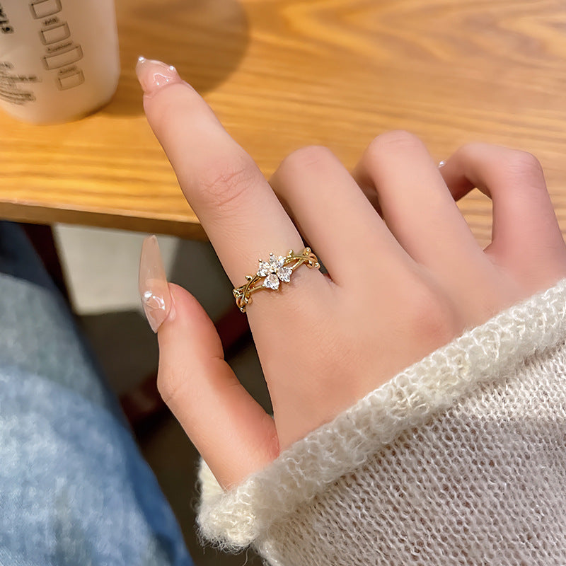Womens Adjustable Open Ring Fashion Jewelry Geometry Zircon Flower Copper Ring Gold Plated Ring For Women And